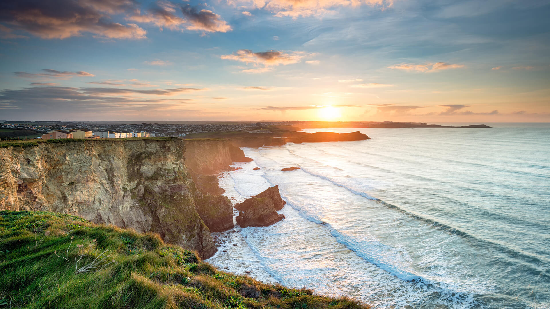 Views across Cornwall coast at sun set