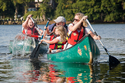 Family rowing boat on water