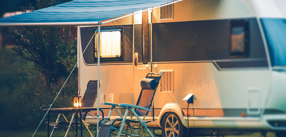 Touring caravan with seats outside