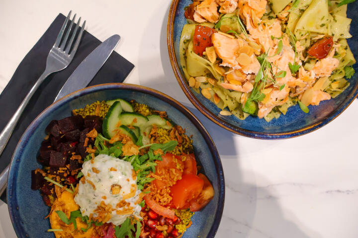 Buddha bowl & pappardelle layout shot