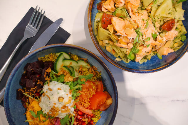 Buddha bowl & pappardelle layout shot