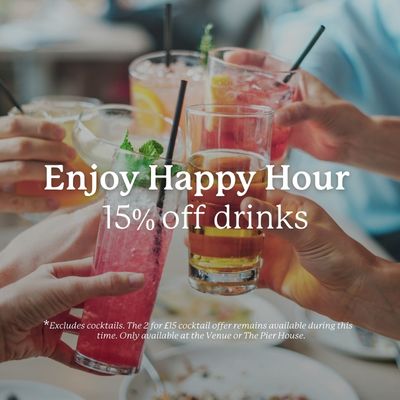 Happy hour graphic - people cheering a range of drinks